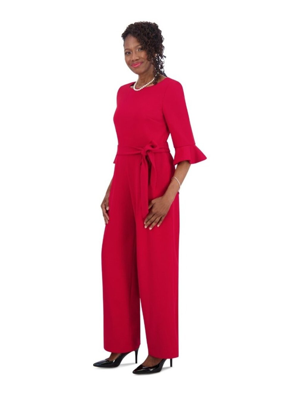 Kasper Women's Boat-Neck 3/4-Ruffle-Sleeve Jumpsuit Red Size L MSRP $129